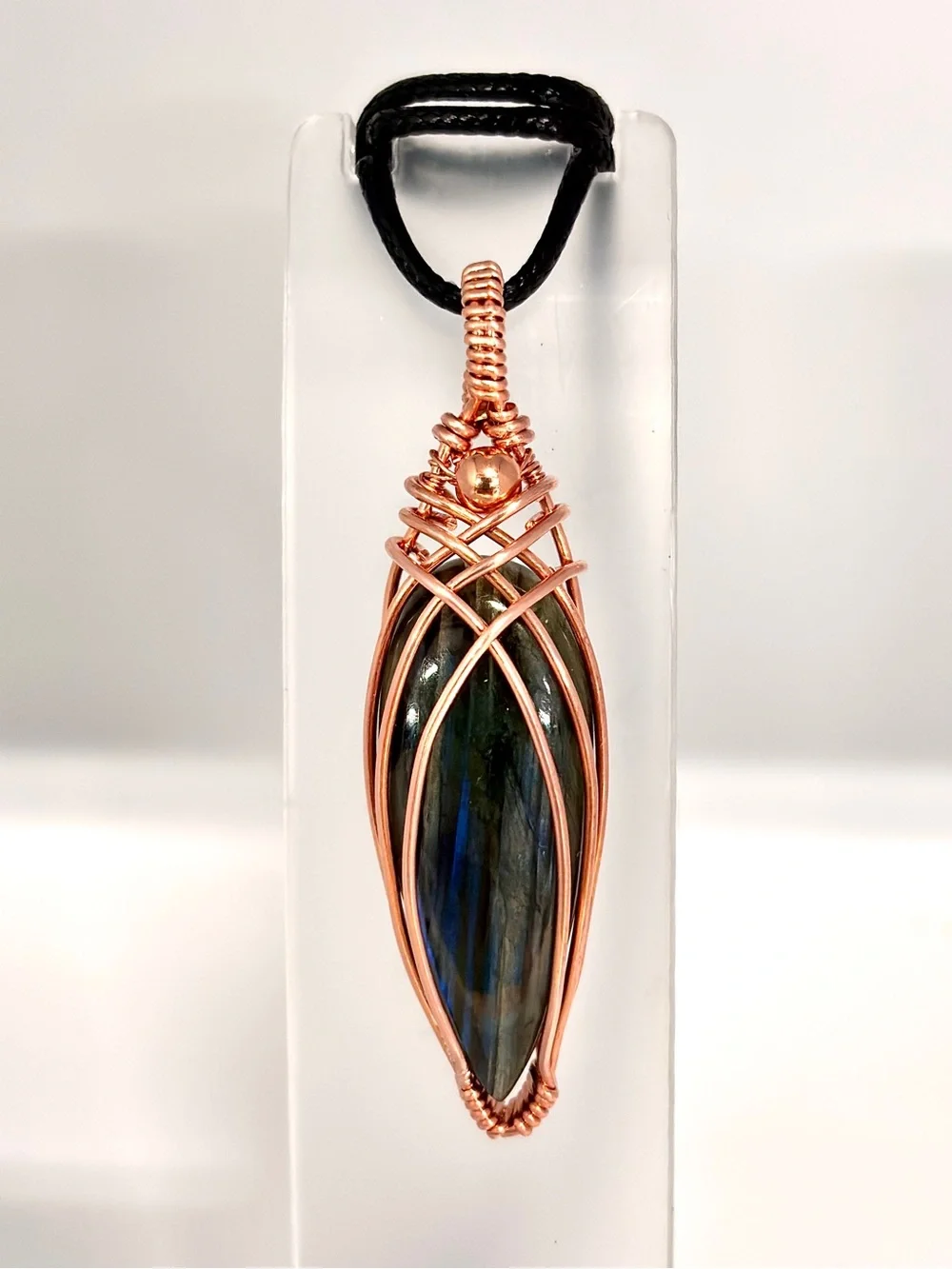 HANDMADE Blue Flash Labradorite Copper Wire Wrapped Unisex Pendant Necklace